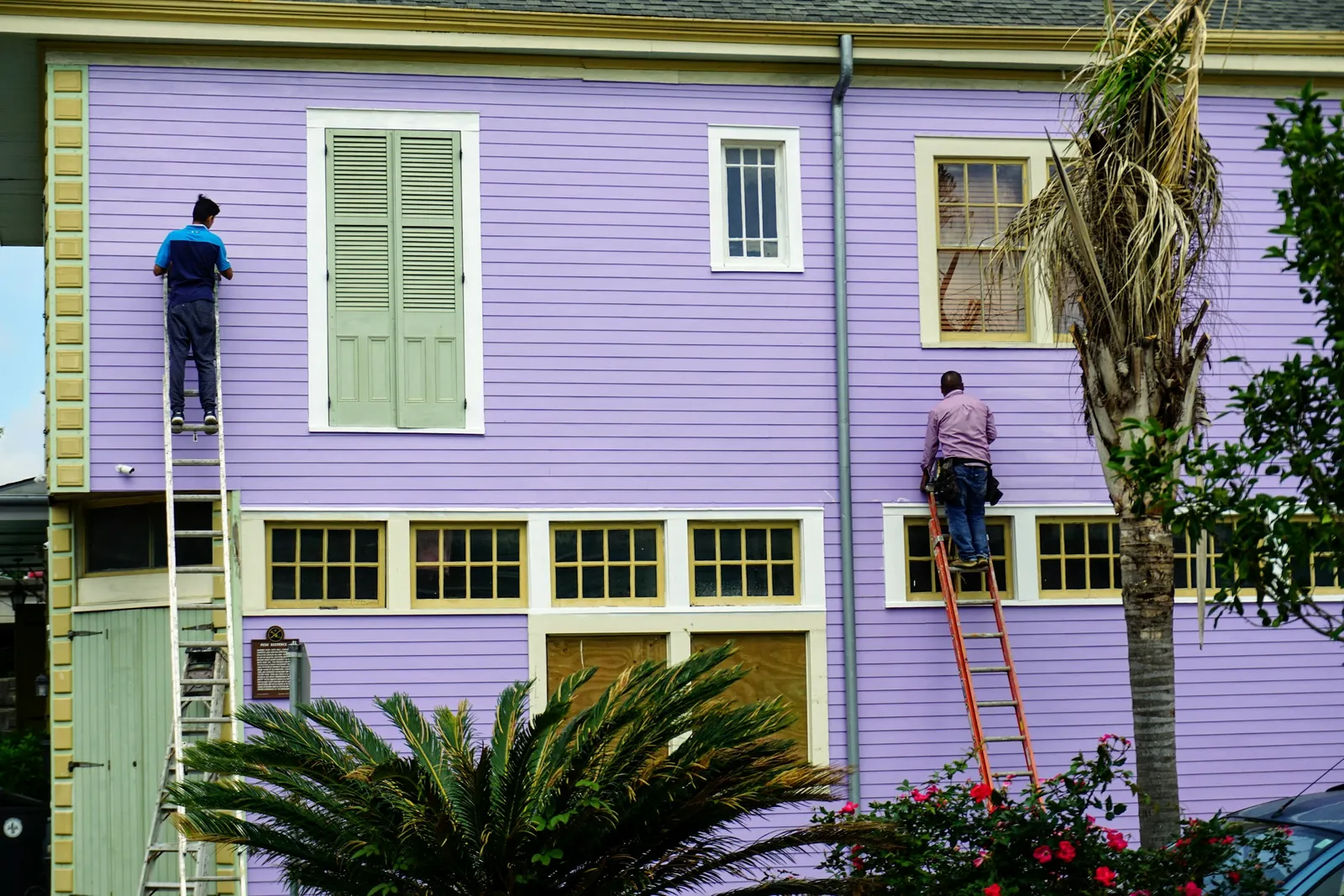 Two painters on ladders painting a two-story lavender clapboard house
