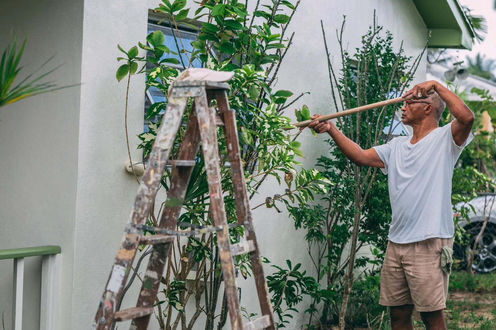 A man in a white T-shirt rolling paint onto the outside wall of a white house with a long-handled roller, beside a paint-spattered wooden stepladder and shrubs